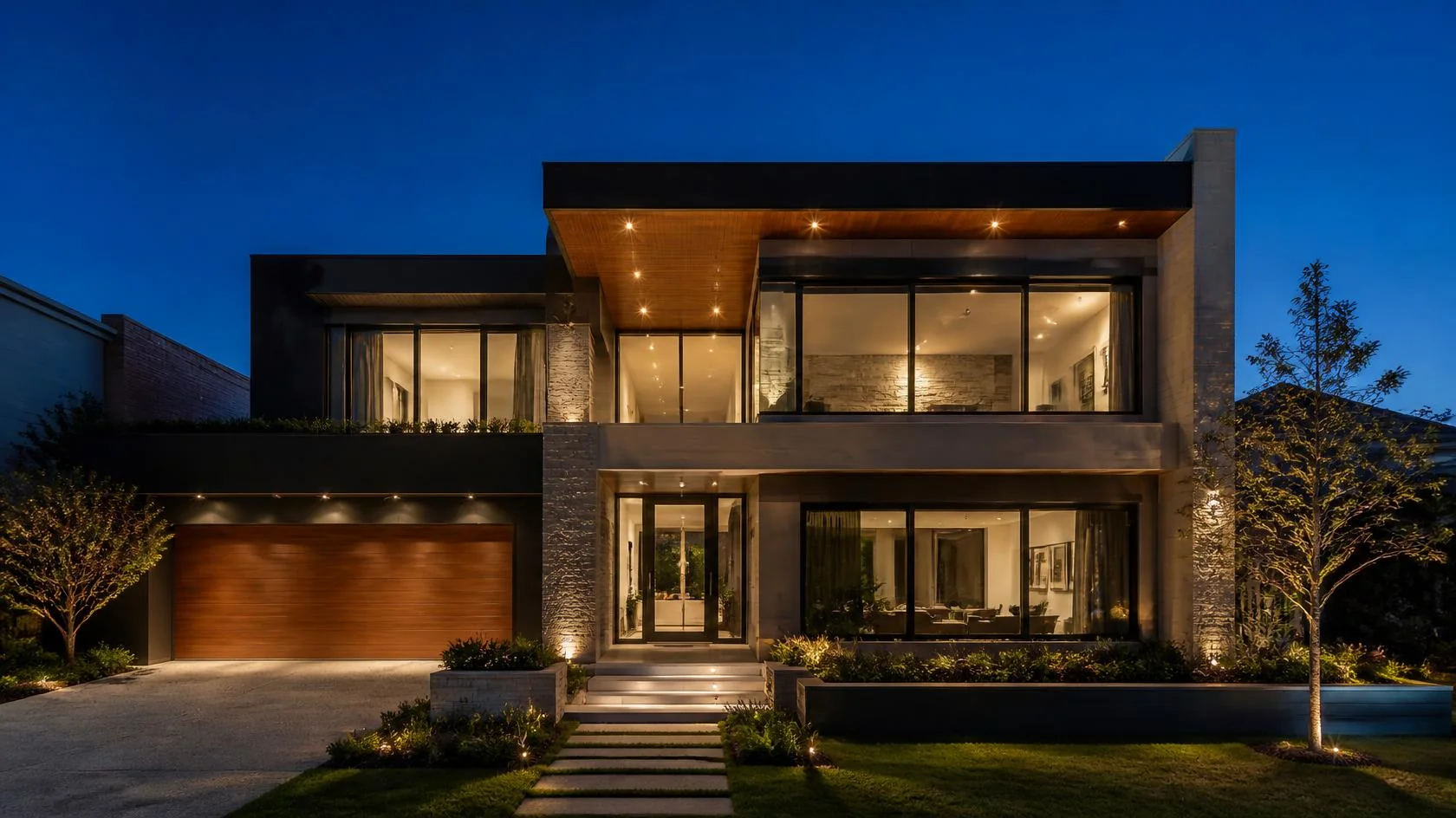 Modern custom home at dusk, showing the quality of finish a builder website should reflect